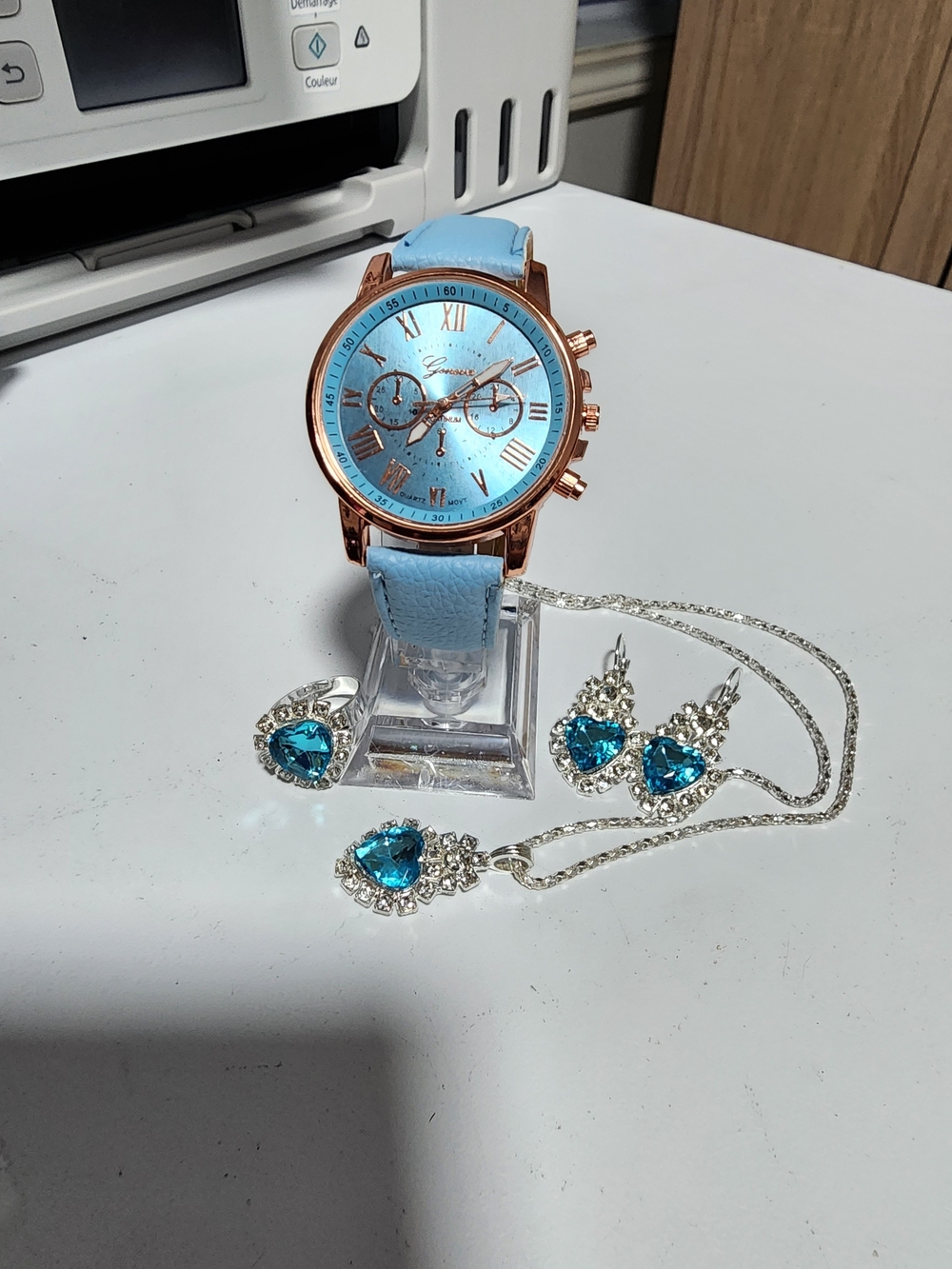 Light Blue Watch with Rose Gold Case and Blue Crystal Jewelry Set